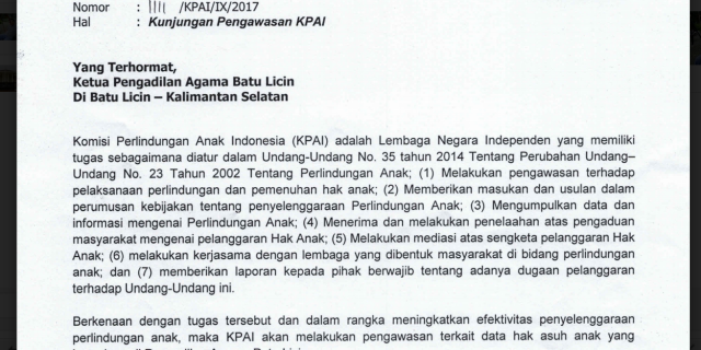 Kunjungan Pengawasan Komisi Perlindungan Anak Indonesia (KPAI) Di Pengadilan Agama Batulicin